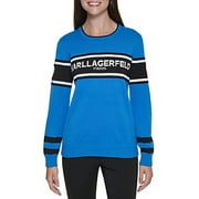Karl Lagerfeld Paris STRONG BLUE Women's Stripe Logo Varsity Sweater, US X-Small