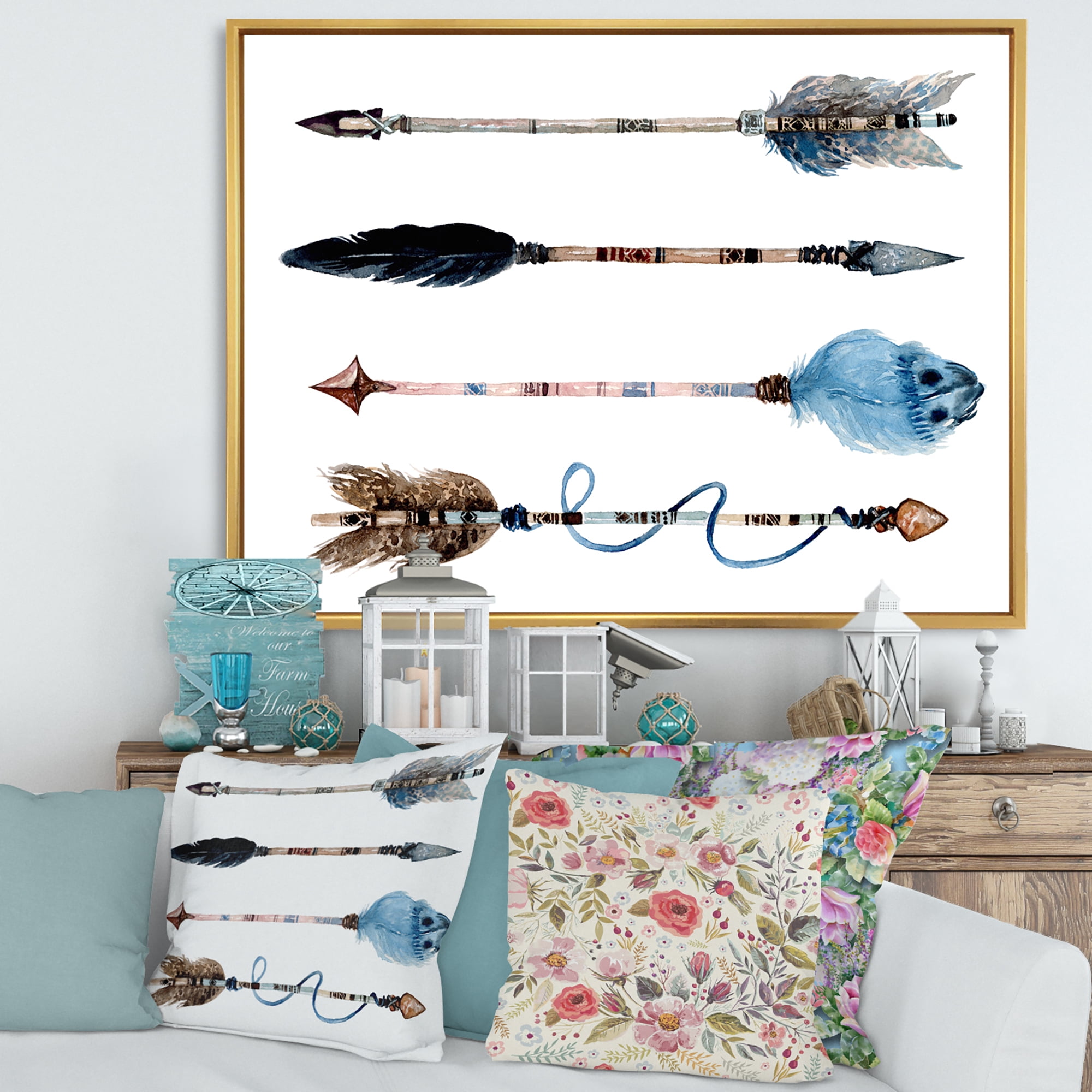 Designart 'Flowers and Ethnic Feathers On Native Arrows IV' Bohemian & Eclectic Framed Canvas Wall Art Print
