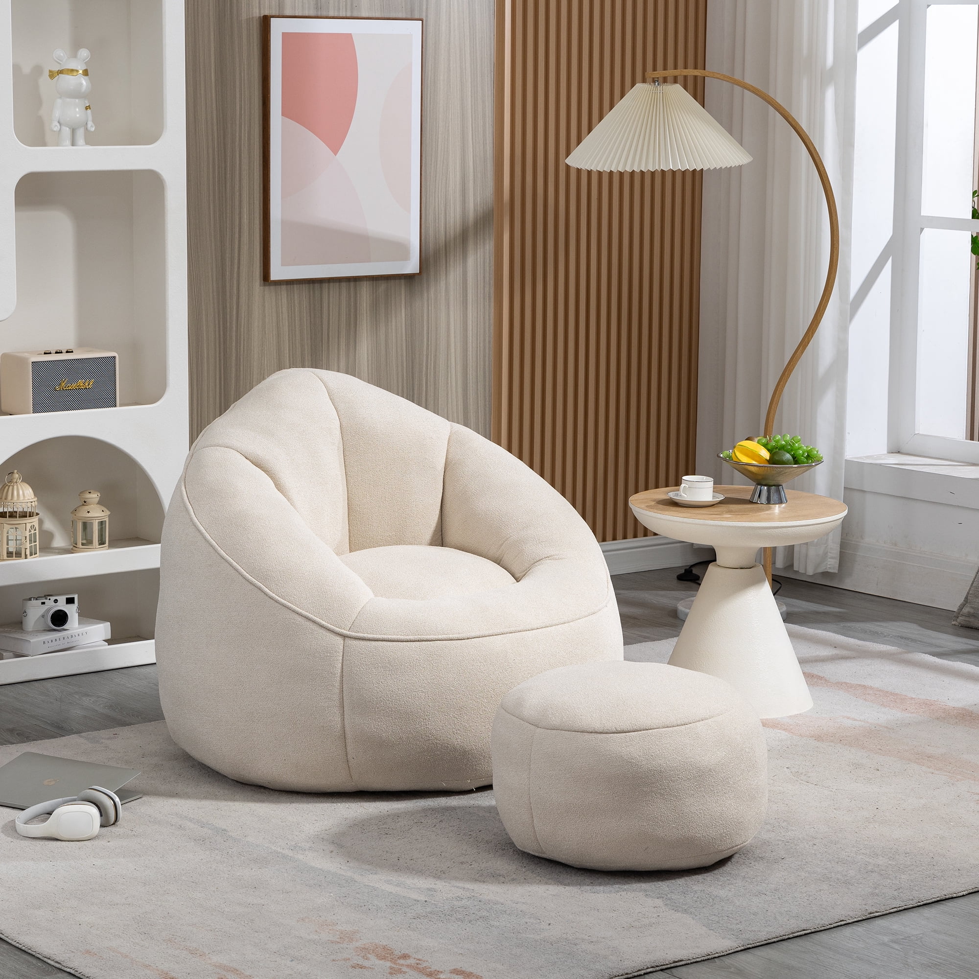 GIKPAL Fabric Tufted Foam Bean Bag Chair with Footstool – Oversized Lazy Sofa for Adults & Teens, Ultra-Soft Teddy Fabric, Ergonomic Support, Durable & Cozy Seating, White