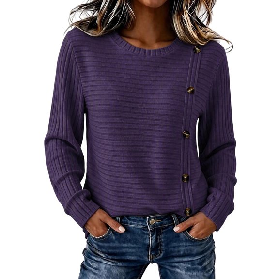 cocolona Womens Fall Sweater Plus Size Long Sleeve Decorative Buckle Crew Neck Sweaters