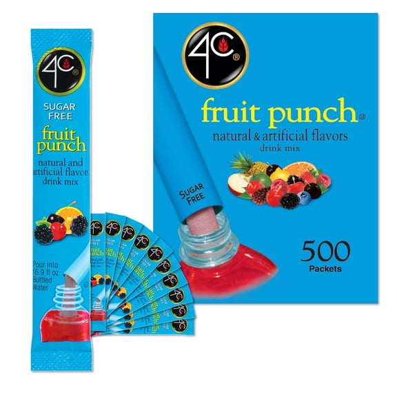 4C Powder Drink Stix, Fruit Punch 500 Count, Bulk Buy, Singles Stix, On the Go, Refreshing Water Flavorings, Value Pack