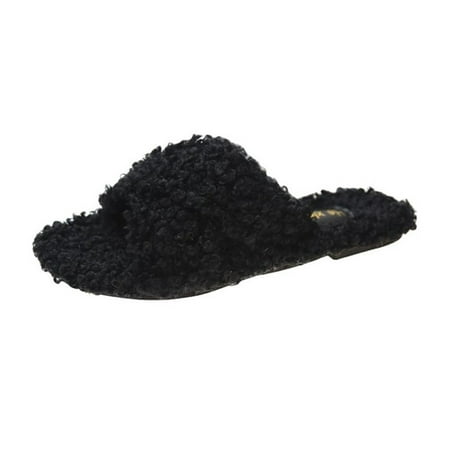 

Fluffy Toe Post Casual Slipper Winter Plush Slippers Cross Strap Flat Bottom For Women 42 Khaki