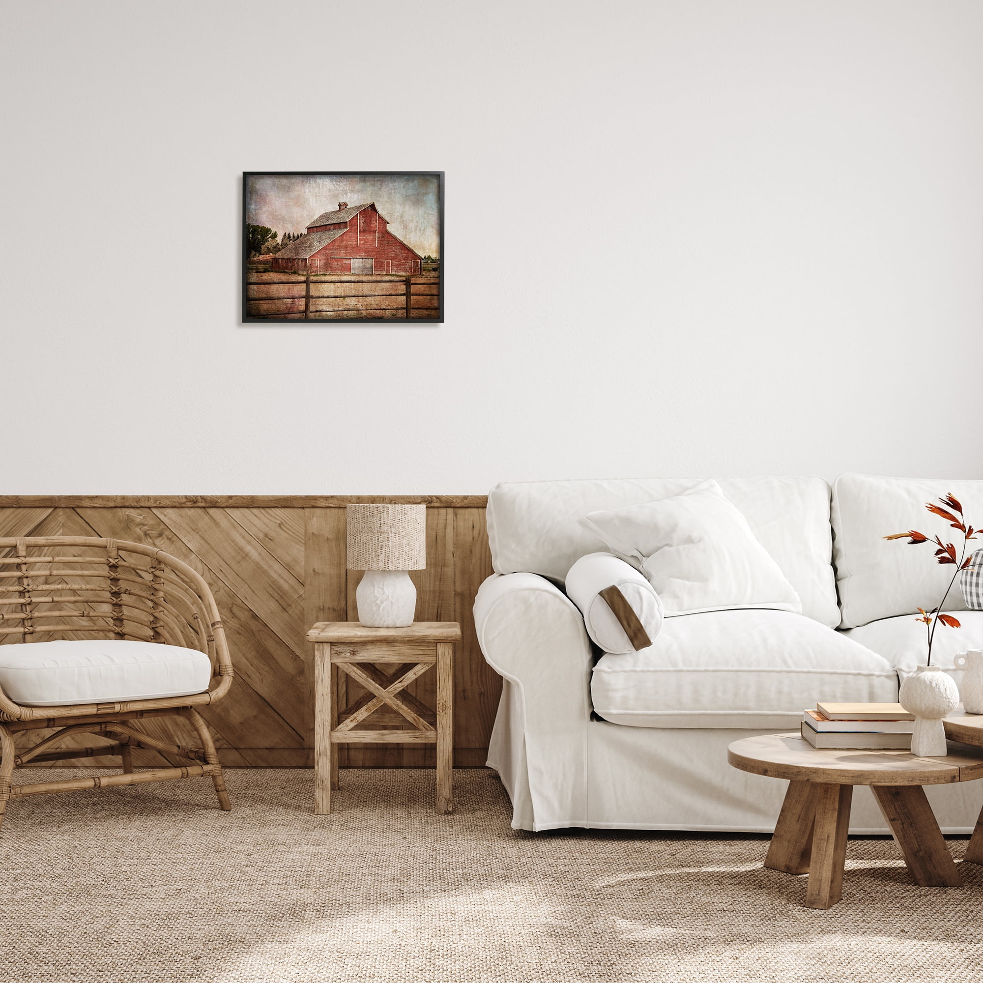 Stupell Industries Vintage Rustic Barn Landscape Painting Black Framed Art Print Wall Art, 20 x 16