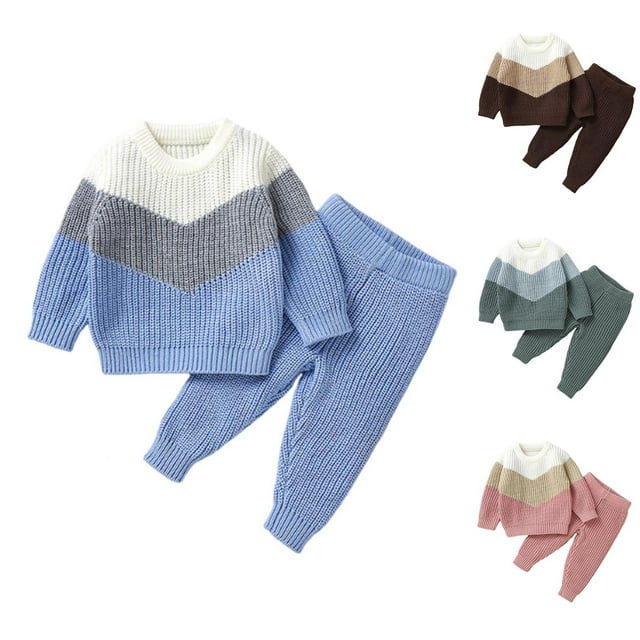 Tranfacy Toddler Outfits for Girls Fall Winter Color Block Long Sleeve Knit Sweater and Solid Color Warm Pants 2 Piece Set