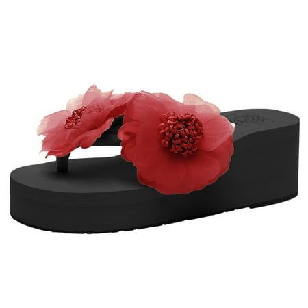 

KEUSN Women Summer Flowers Wild Beach Slippers Fashion Wedges Thick Bottom Flip Flops