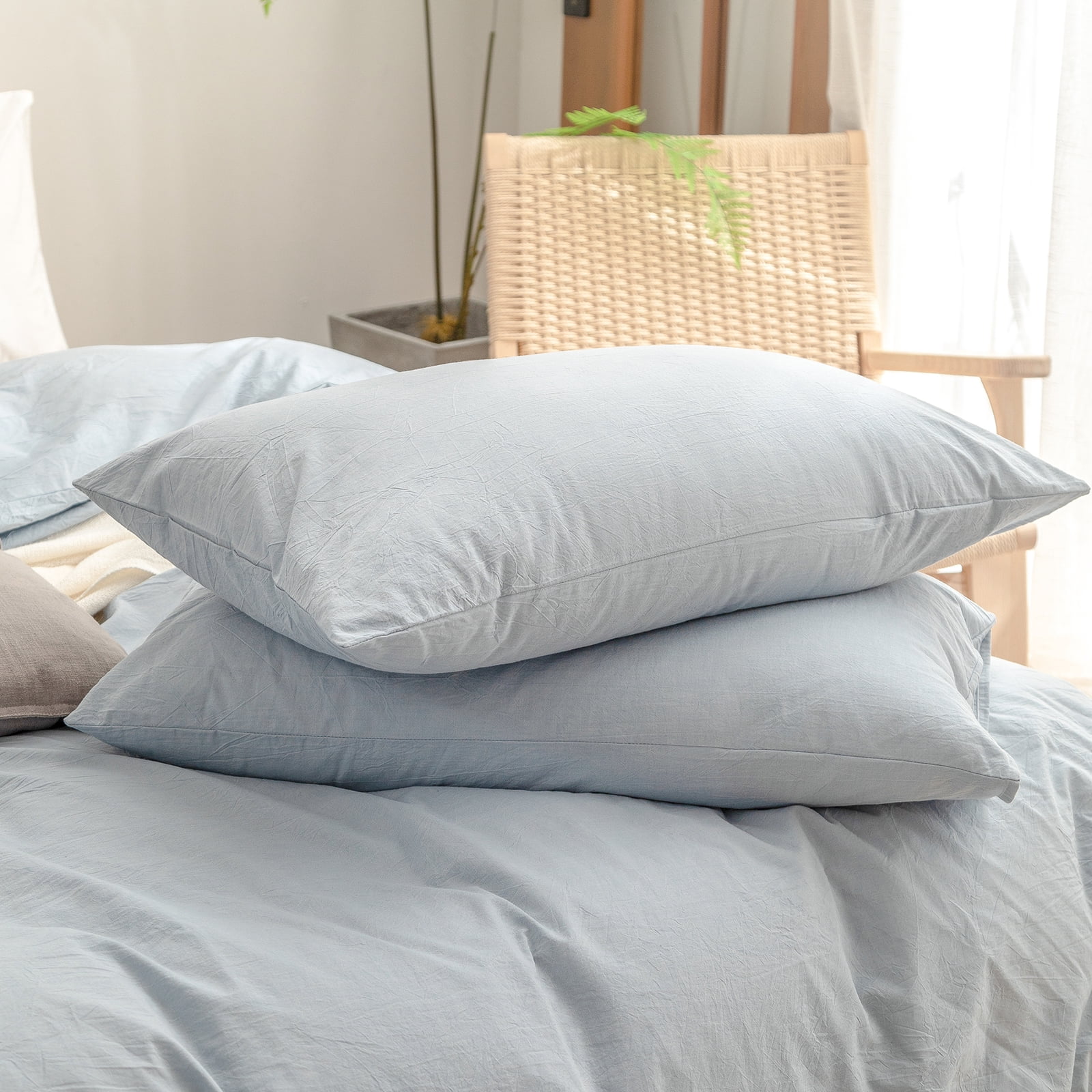 BESTOUCH Duvet Cover Set Twin 100% Washed Cotton Linen Feel Soft Chic Lightweight 2Pcs (Cornflower Blue, 68"x90")