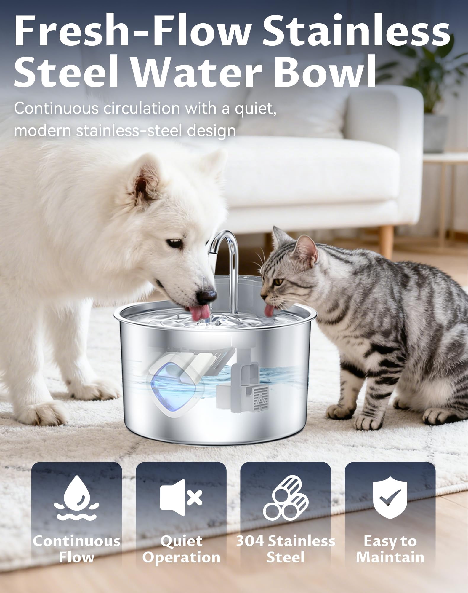WAAYEE Motion‑Sensor Cordless Dog Water Fountain, 3.2L Rechargeable Pet Water Bowl, 3 Smart Dispensing Modes, Quad Filtration & Continuous Water Flow, Stainless Steel Easy‑to‑Clean, Quiet Pump