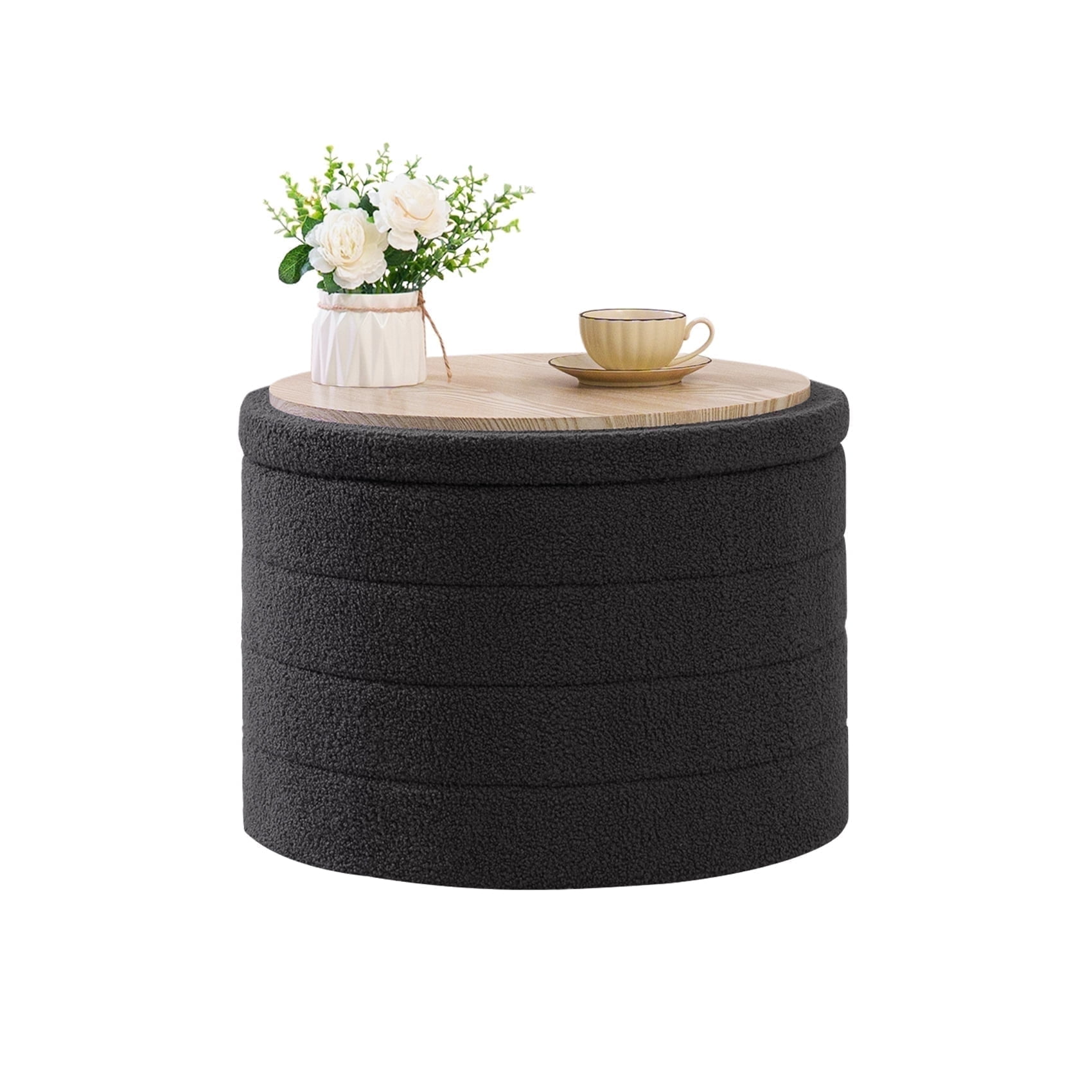 B FSOBEIIALEO Round Boucle Storage Ottoman with Tray for Living Room, Perfect for Adults & Kids with Extra Storage Space(Grey)
