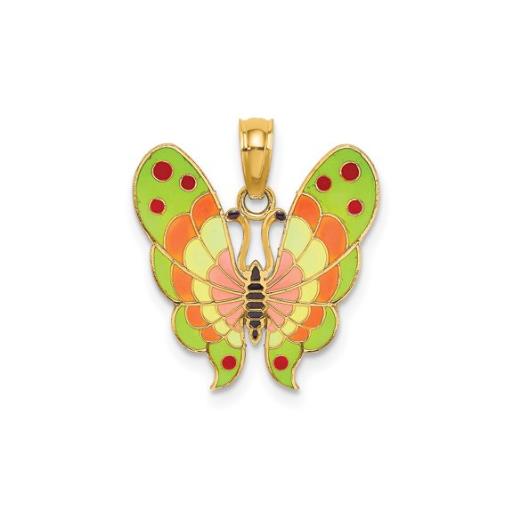 14k Yellow Gold Butterfly Pendant Charm with Multicolor Enamel, Polished
