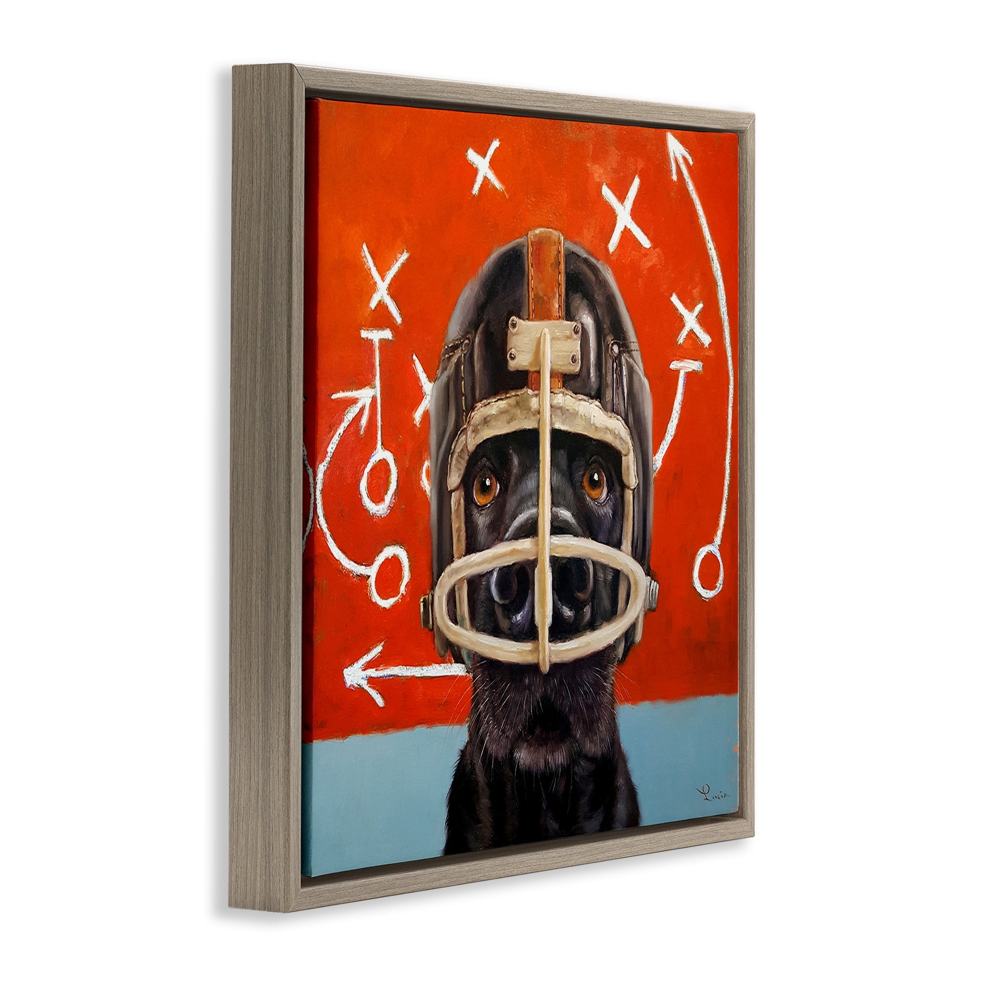 Stupell Industries Dog in Football Helmet Sports Plays Animals & Insects Painting Brown Floater Framed Canvas Art Print Wall Art, 18 x 18