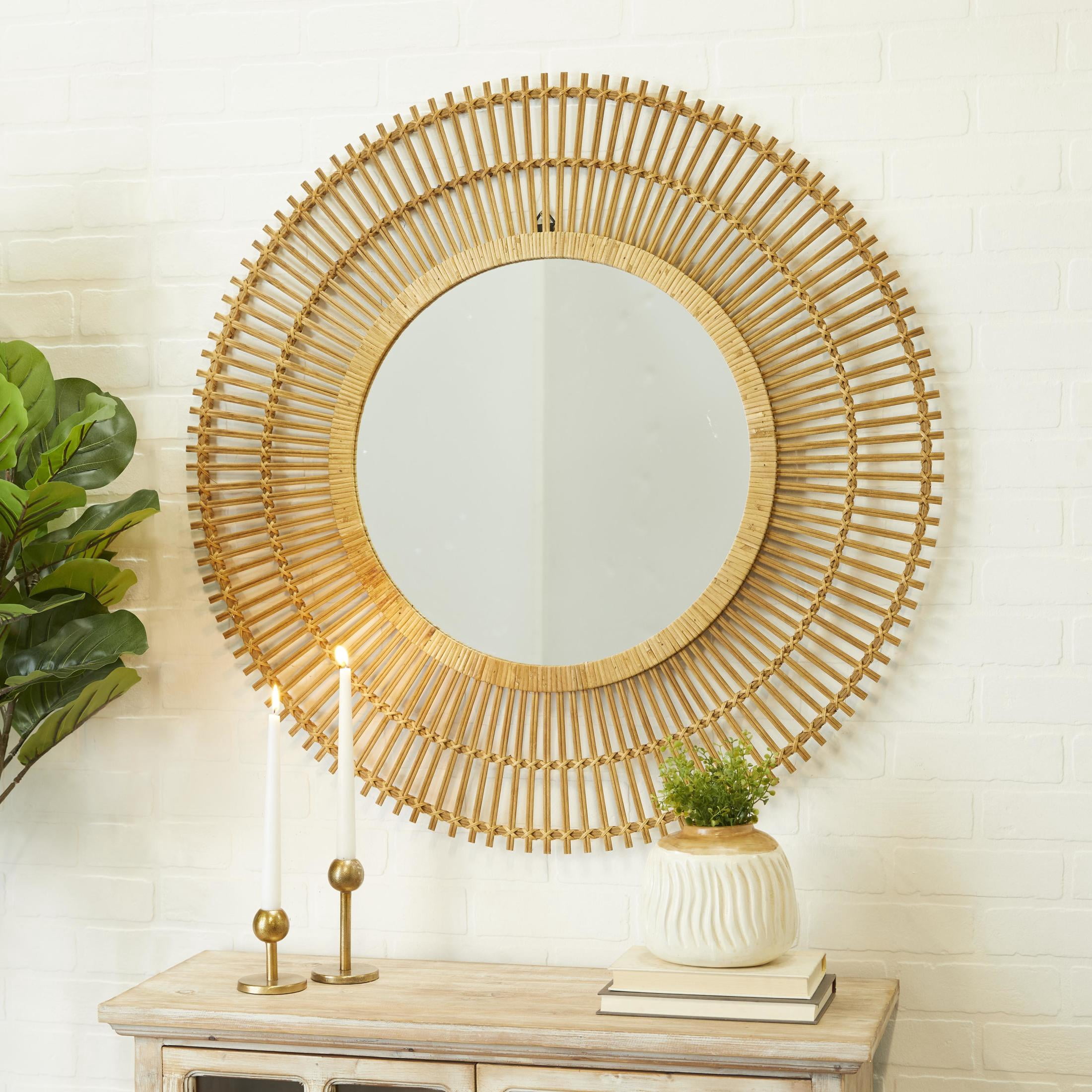 DecMode 37" x 37" Brown Handmade Stick Starburst Wall Mirror with Wrapped Details