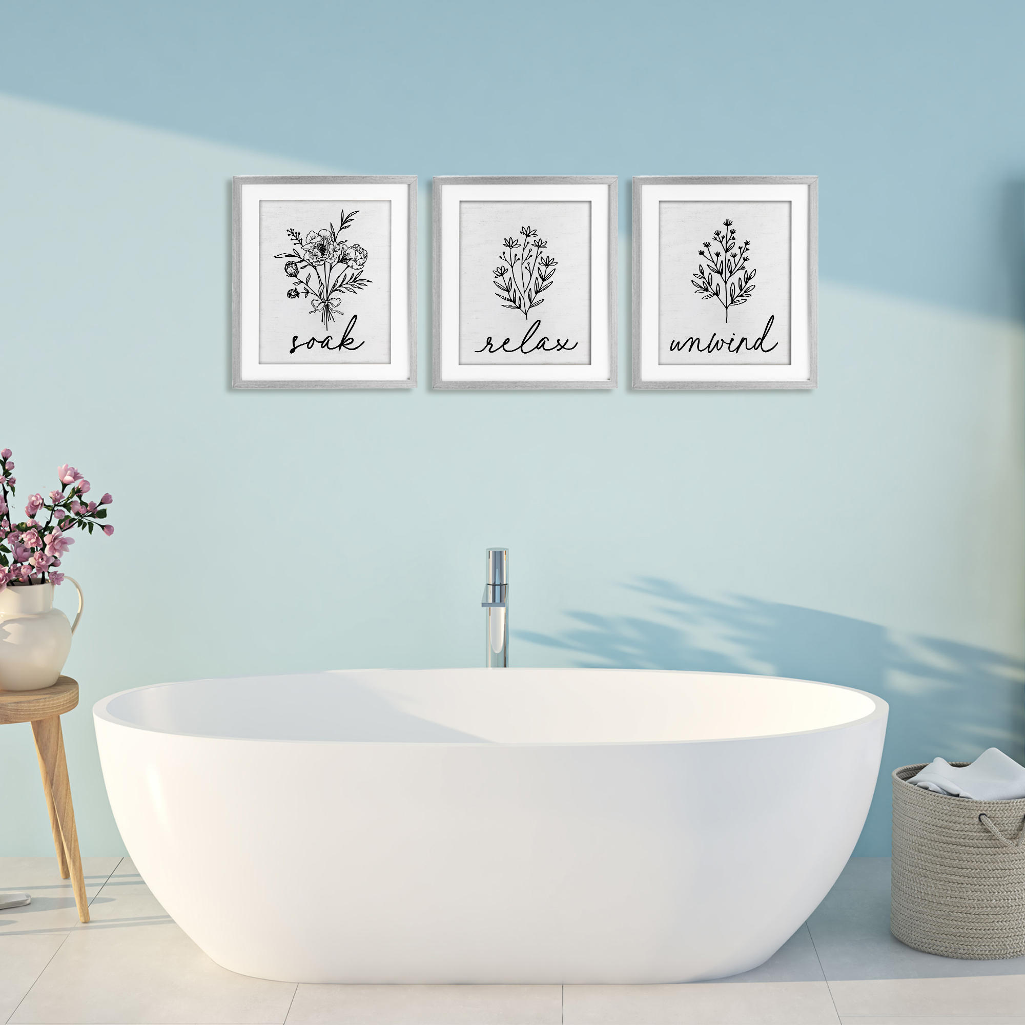 Bathroom Herbs for Relaxation 3 Piece Gray Framed Print Under Glass Set, design by Lettered and Lined