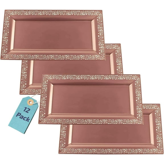 12 (pk) Yumchikel 14" x 7.5" Rose Gold Lace Rim Plastic Serving Trays & Platters | Heavy Duty Disposable Decorative Dessert Tray - Party Platters for Upscale Parties Weddings