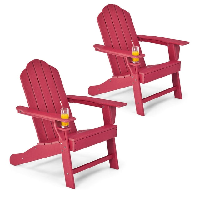 Costway 2 PCS Patio Adirondack Chair Weather Resistant Garden Deck with Cup Holder Red