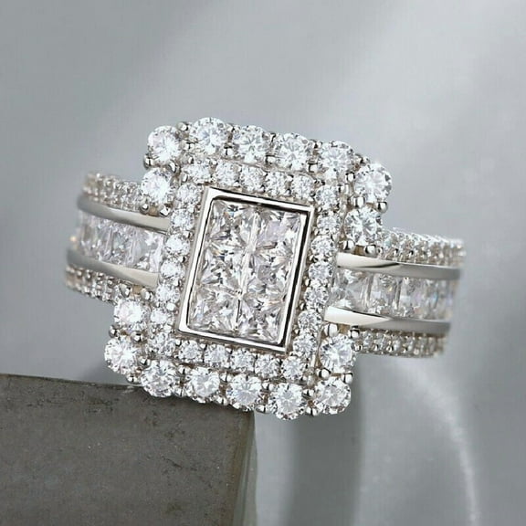 Silver & Stone Jewels Women Princess Cut Pretty Cluster Wedding Ring Cubic Zirconia 14k White Gold Plated