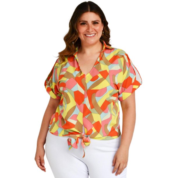 Blusa fresca con moño Roman Fashion /Tallas Extras, 1819 (Amarillo mosaico) amarillo 40 Roman Fashion BL-GR-1819-AMARILLO