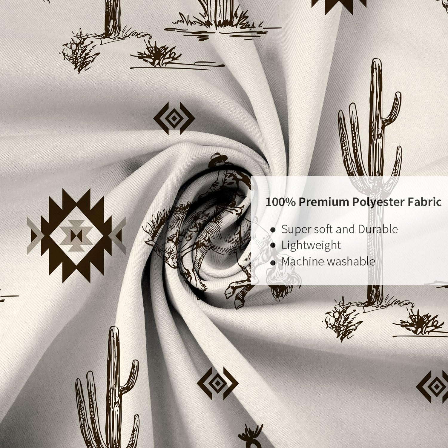 Western Cowboy Shower Curtain with Cactus Landscape, American Wild West Cowboy on Horse in Desert Bath Curtain Aztec Southwestern Theme Bathroom Decor Set with Hooks 70X70in