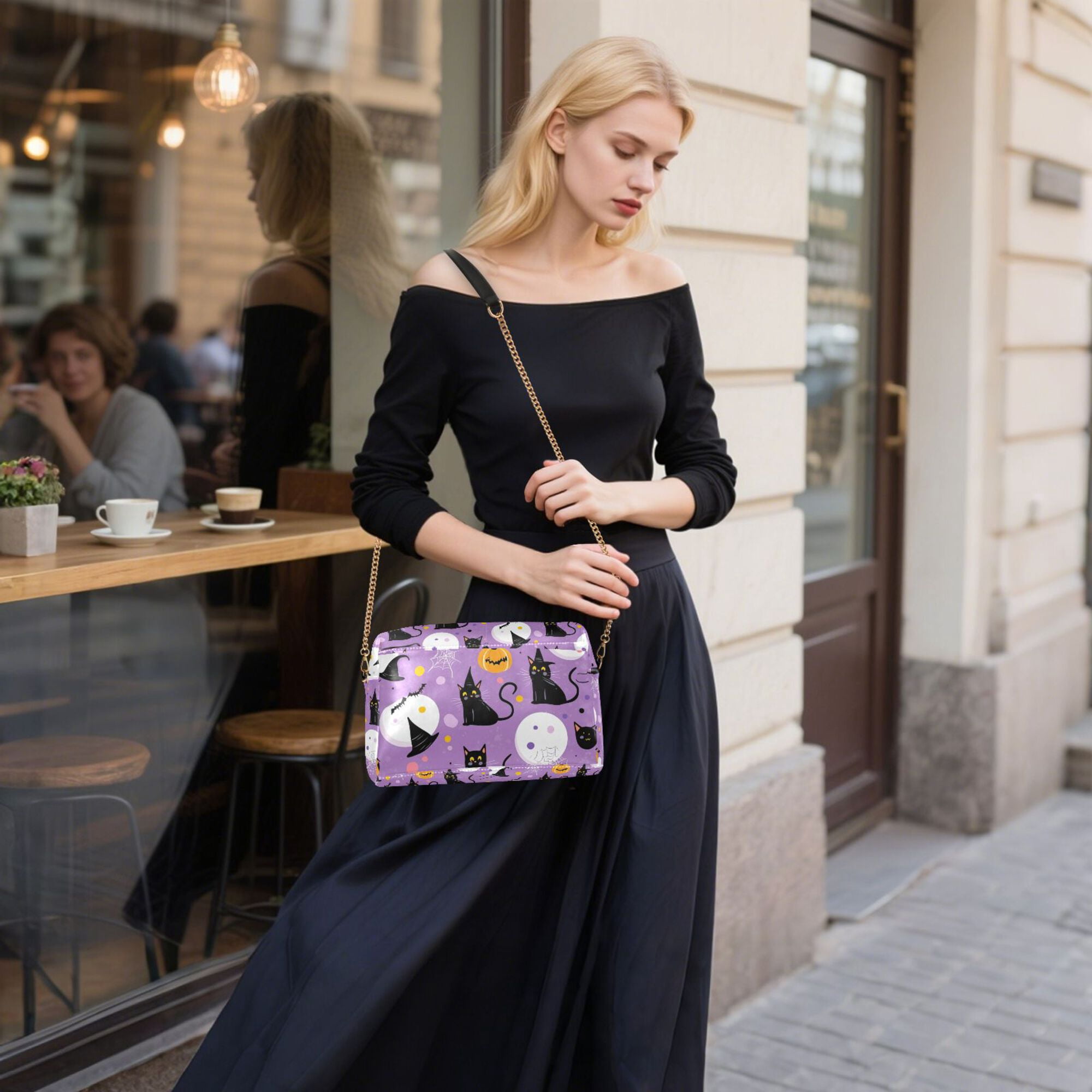 FORMRS Women Crossbody Purse with Chain Strap Vegan Leather Shoulder Handbag, Purple Halloween Pattern