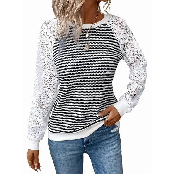 Women'S Solid Color Lace Trim Long Sleeve T-Shirt Round Neck See Through Casual Elegant Top Black & White L