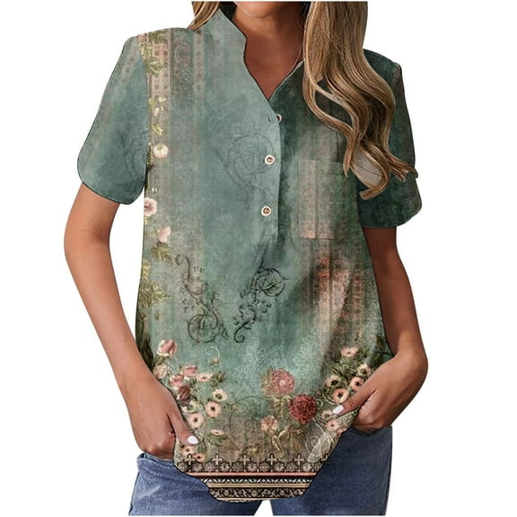 Lolmot Womens Floral Print Short Sleeve Tshirts V Neck Button Up Casual Tops Going Out Henry Collar Loose Fit Comfy Blouses with Pocket