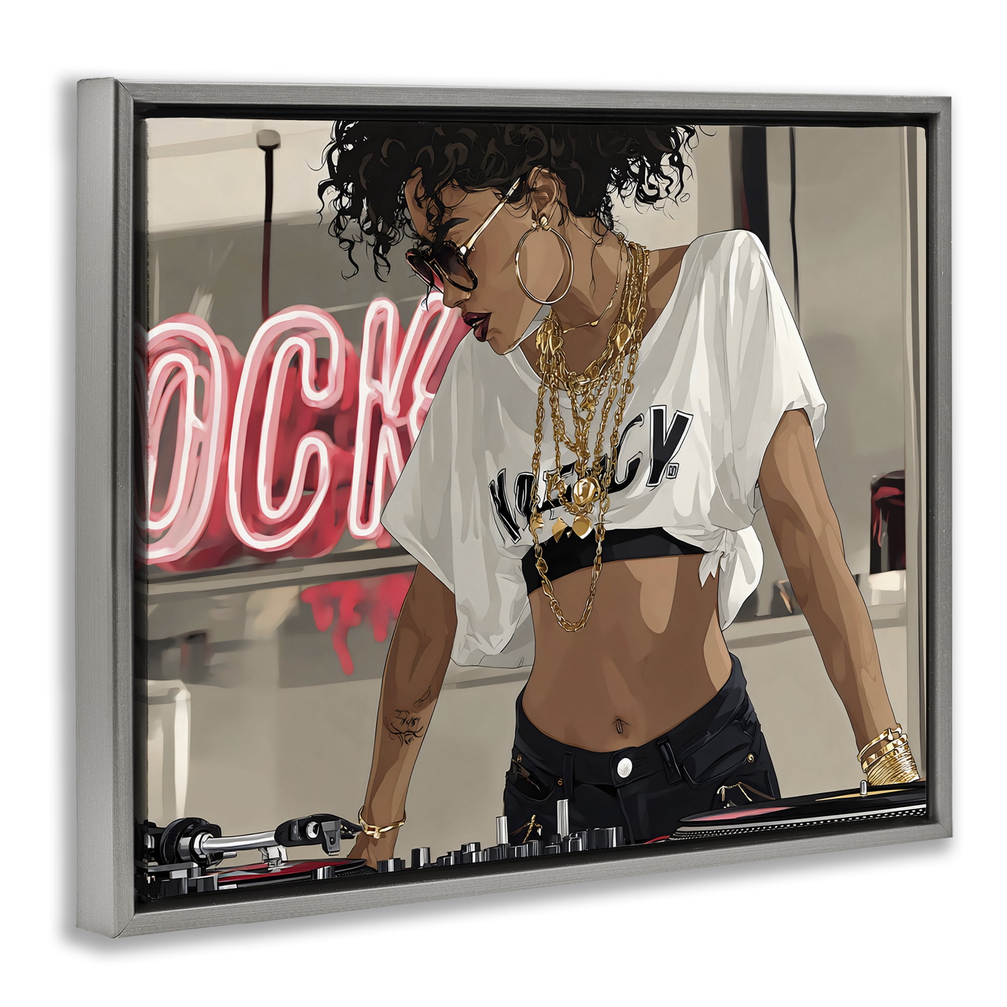 Stupell Industries Rock Neon DJ Music Gray Framed Floater Canvas Wall Art, design by Franklyn Gregory