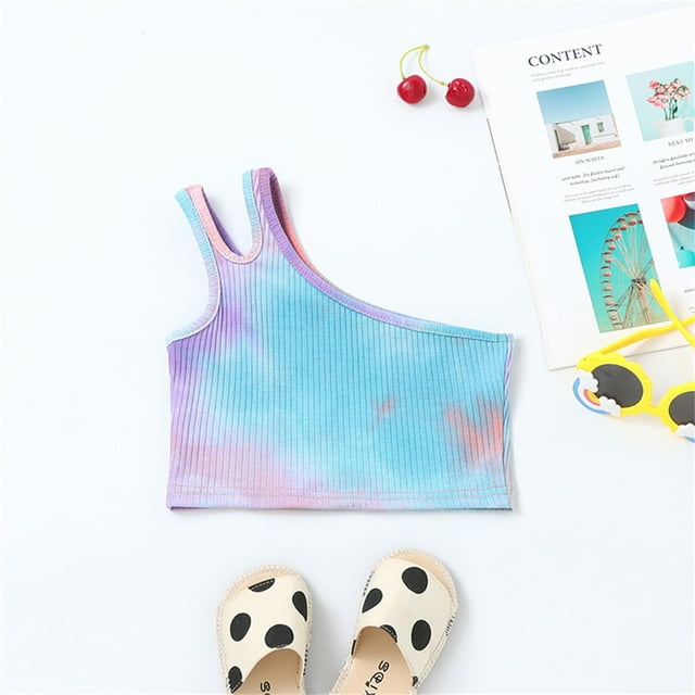 Toddler Girls Dance Tank Top One Shoulder Racerback Tie Dye Crop Athletic Sleeveless Top For Ballet Gymnastics Performance Wear