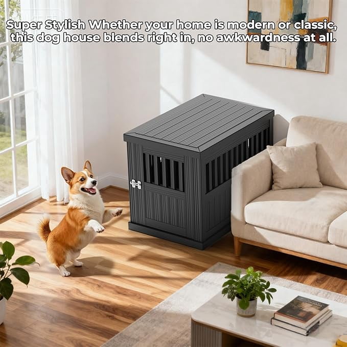 YOSADIER Indoor/Outdoor Dog House, Waterproof Durable Plastic with Locking Door, Ventilation and Raised Floor Design, Easy Assembly, Suitable for Small to Medium Dogs, Black
