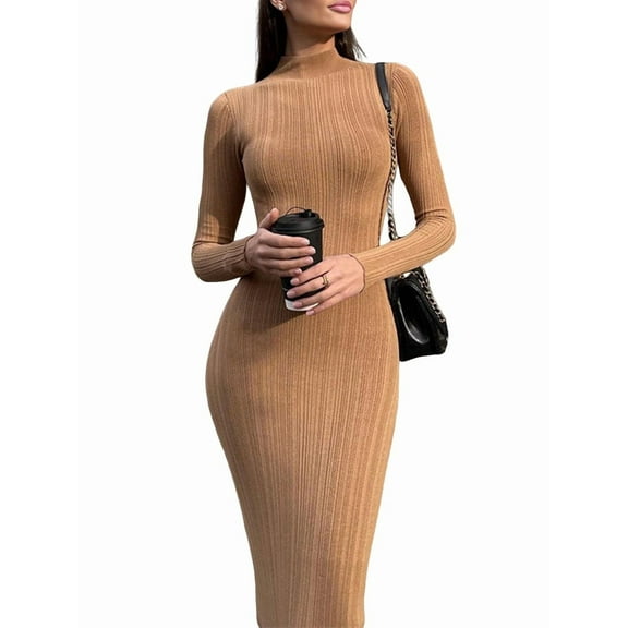Autumn and Winter Women'S Long Sleeve Maxi Dress Ribbed Knit Slim Casual Dress Khaki S