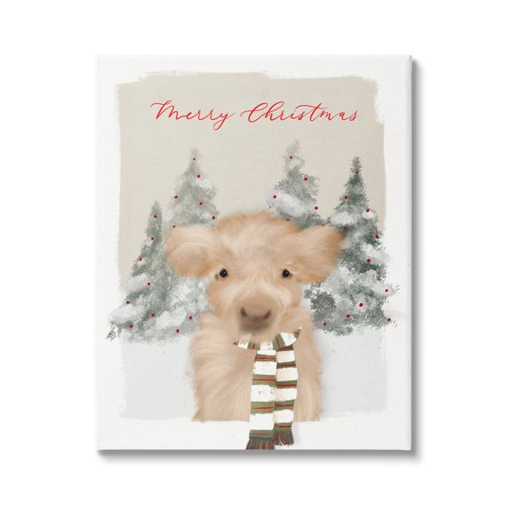 Merry Christmas Fuzzy Baby Calf Cattle Striped Scarf Animals & Insects Graphic Art Gallery-Wrapped Canvas Print Wall Art