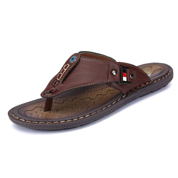 Flip Flops Mens Thong Sandals Leather Casual Comfort Flat Slides Slippers (Khaki, 43/US 10)