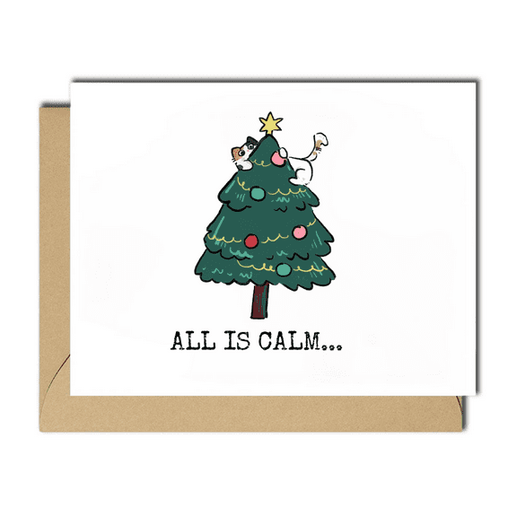 Humorous Christmas Card for Cat Lovers – "All is Calm" Cat in Christmas Tree Design – Envelope Included, Blank Inside – Perfect Holiday Greeting Card for Friends and Family