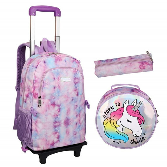 lvyH Kids Rolling Backpack,3pcs Set School Rolling Bookbag Sequin Daypack with Lunch Bag Pen Case,Purple Unicorn