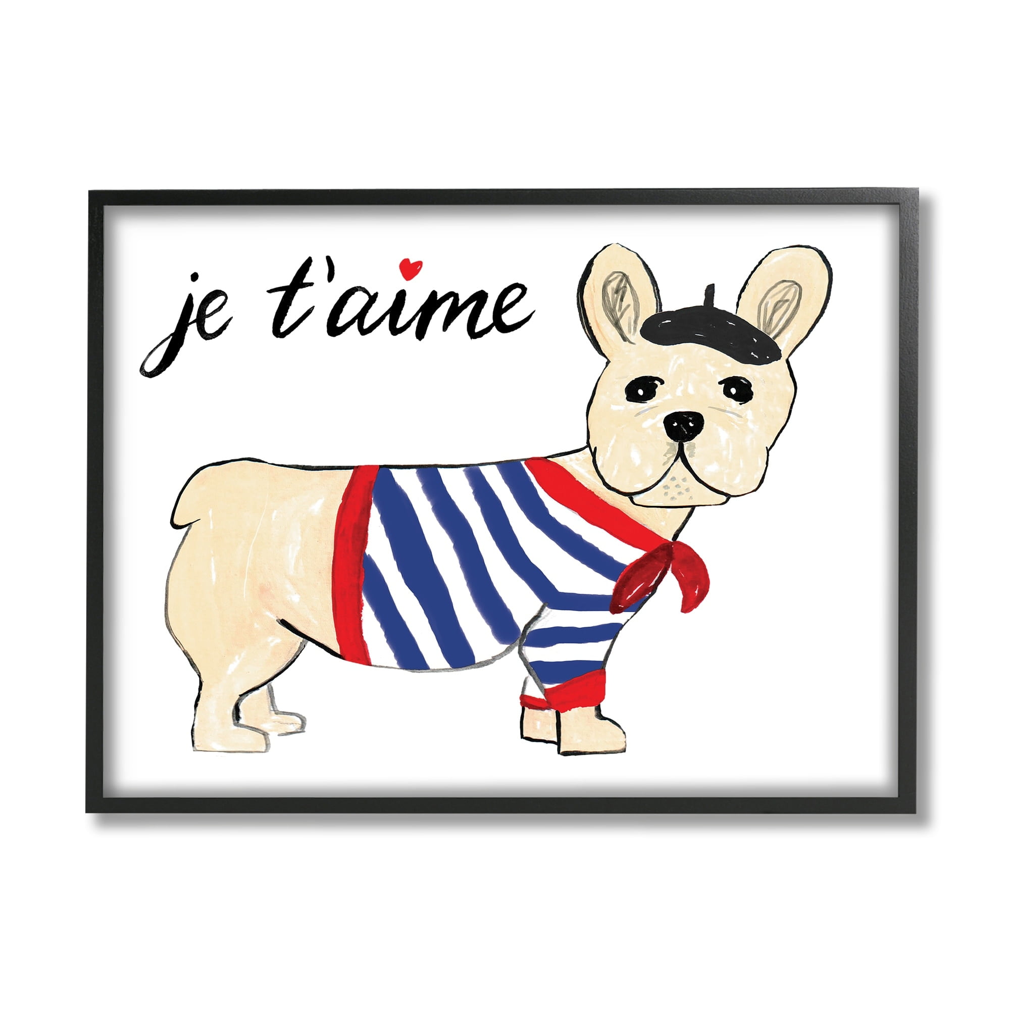Stupell Industries Je T'aime French Dog Wearing Beret Drawing Paintings Gray Framed Art Print Wall Art, 30x24, by Heather Strianese