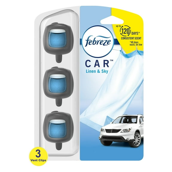 Febreze Car Odor-Fighting Car Freshener Vent Clip Linen & Sky, 0.06 fl oz, 2 Pack of 3
