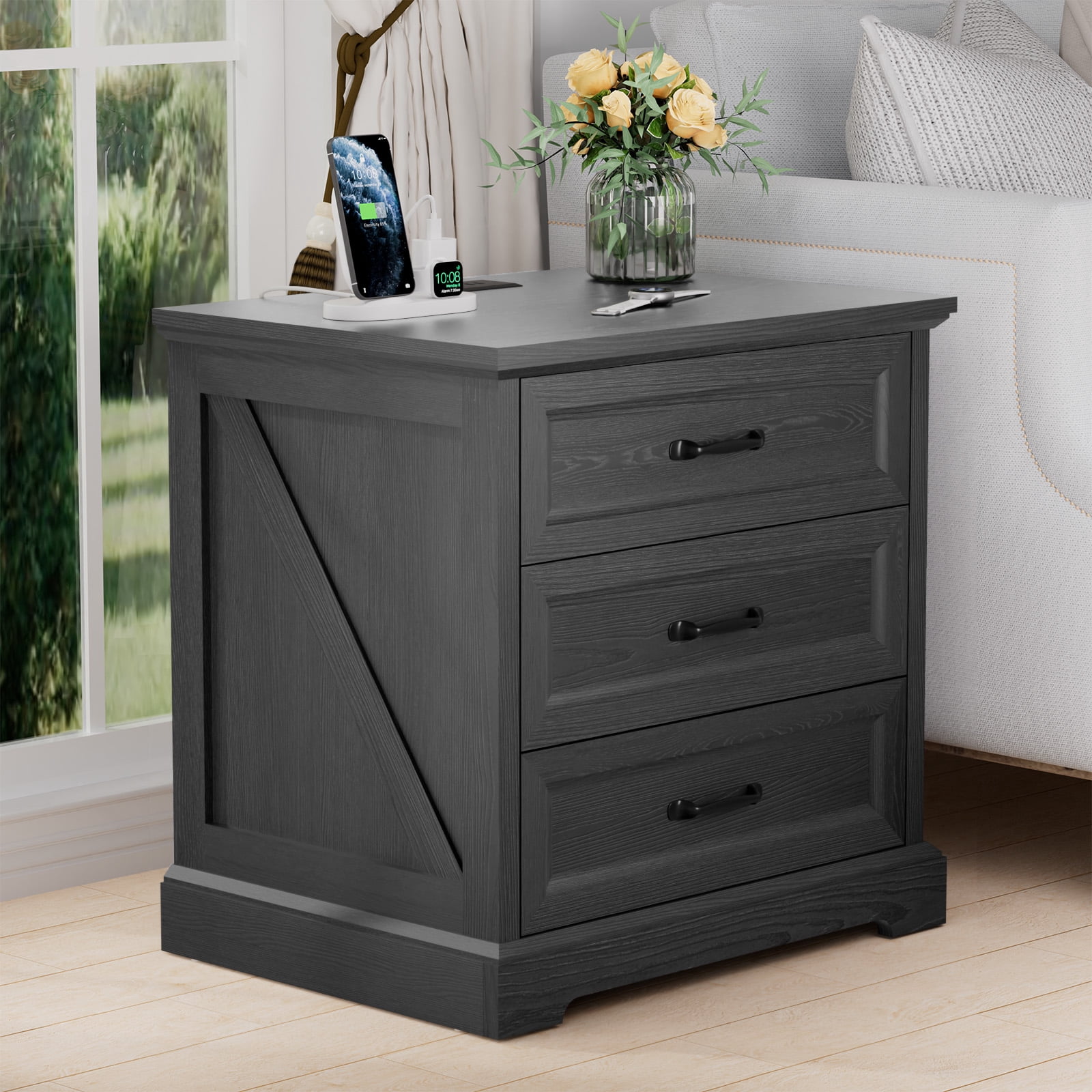 Hommpa Farmhouse 3 Drawers Nightstand with Charging Station, Rustic Wood Night Stand with Drawers for Bedroom, Vintage Bedside Table Small Dresser Chest of Drawers for Living Room, Black