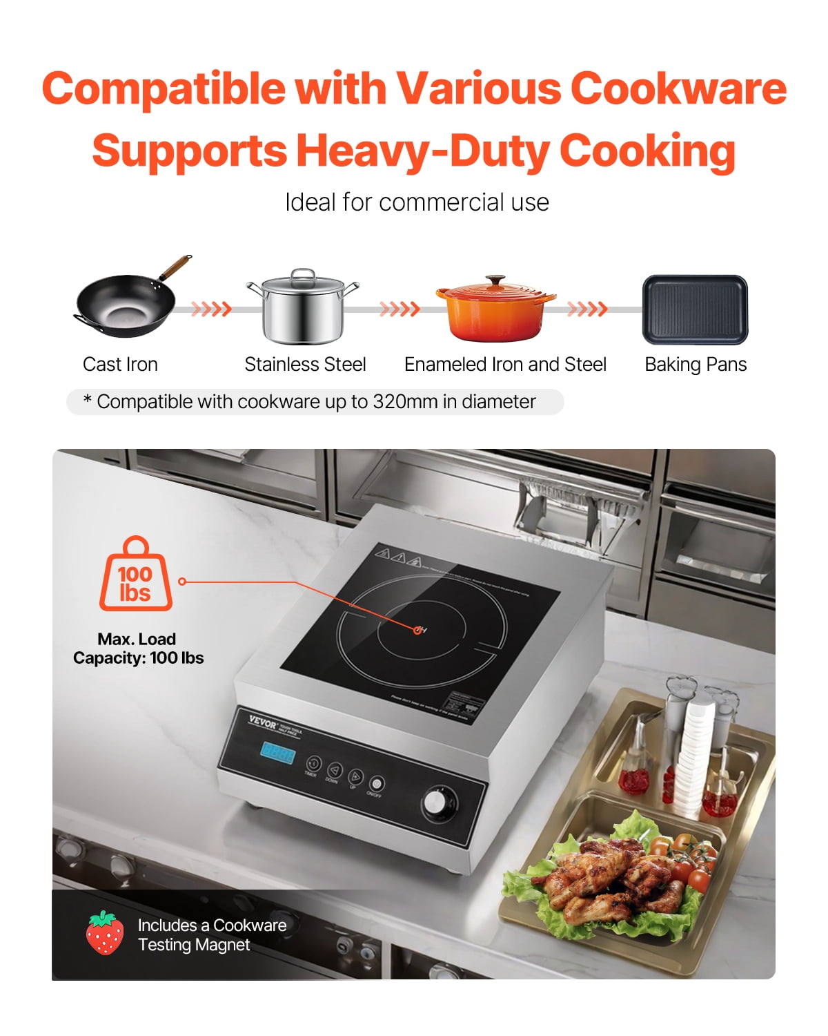 VEVOR Portable Induction Cooktop, 5000W Commercial Induction Burner with 16 Temperature Settings, Stainless Steel Countertop Induction Hot Plate with 4H Timer, Child Lock, for Restaurant Cooking
