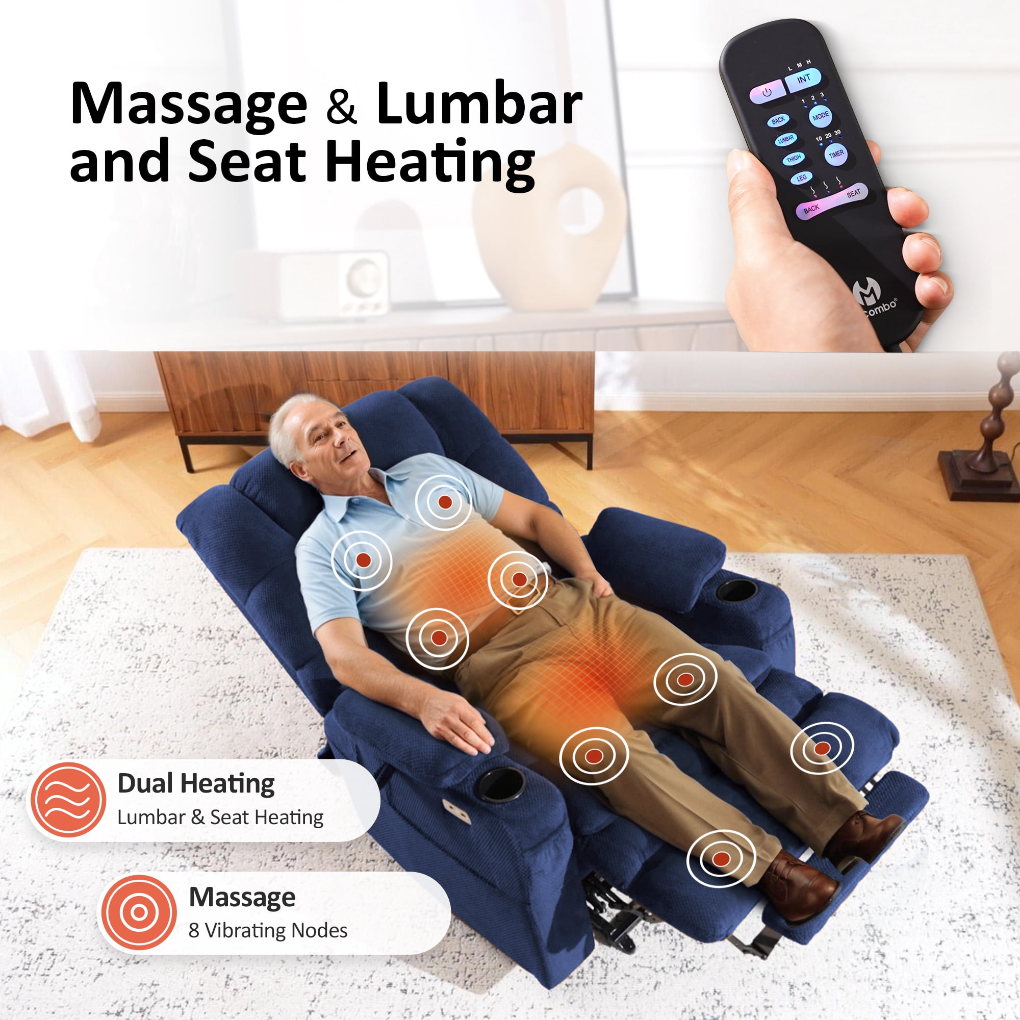 MCombo Triple Motor Power Lift Recliner for Elderly, Sleep Recliner Sofa with Adjustable Headrest, Fabric, Navy Blue