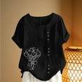thumbnail image 4 of Xuyuer Women's Casual Linen Round Neck Printed Short Sleeve Button Blouse, Breathable Summer Top for Vacation Wear, Market Days and Relaxed Boho Style, 4 of 5
