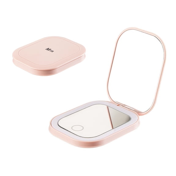 LED Portable Makeup Mirror with Adjustable Brightness, 2-Sided Folding Design (1x/2x Magnification), Rechargeable, Compact for Travel, Pink