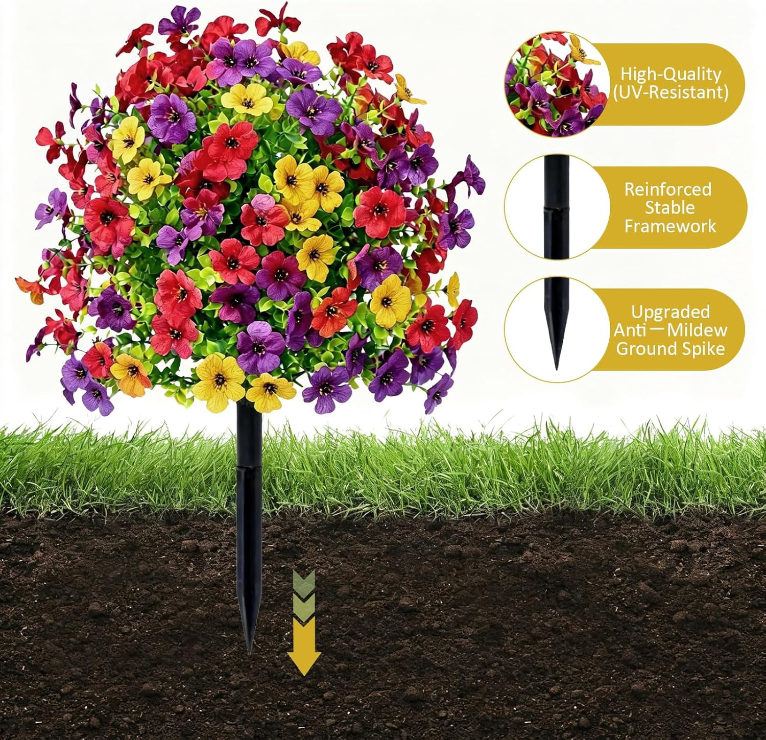 22" Artificial Flowers with Ground Spikes for Outdoors, Faux Bushes UV Resistant Spike Ball, Fake Plants Decoryard Decorations, Plastic Greenery for Garden, Yard, Patio, Front Porch,Home Décor