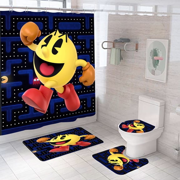 Pac Man Shower Curtain Bathroom 4 Pieces Set Bathroom Decor 72" x 72"