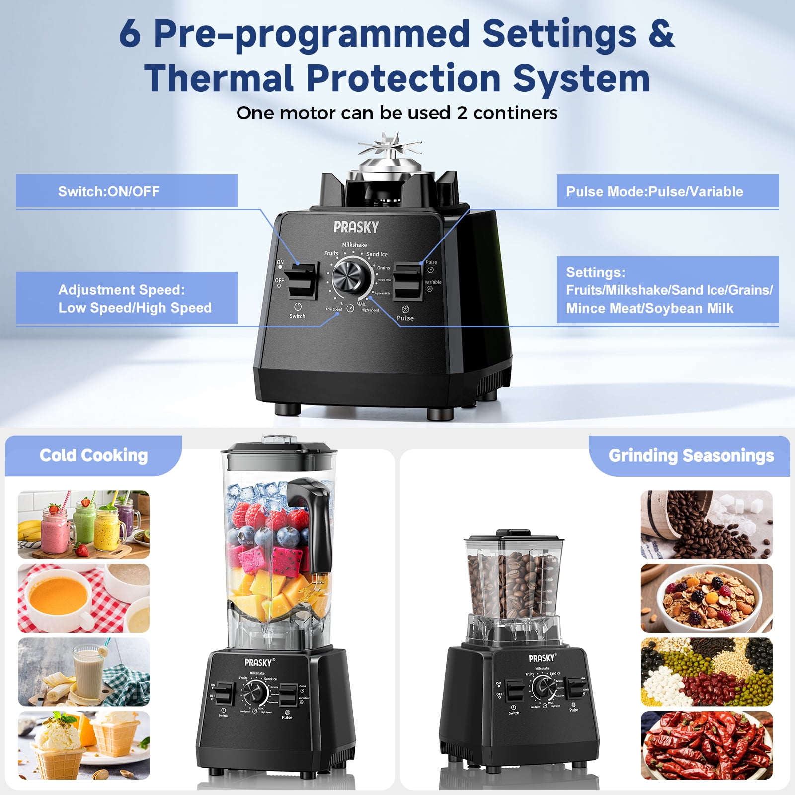 PRASKY 2-in-1 Professional Countertop Blender 96oz Large Capacity 1000W Blender for Smoothies Fruit