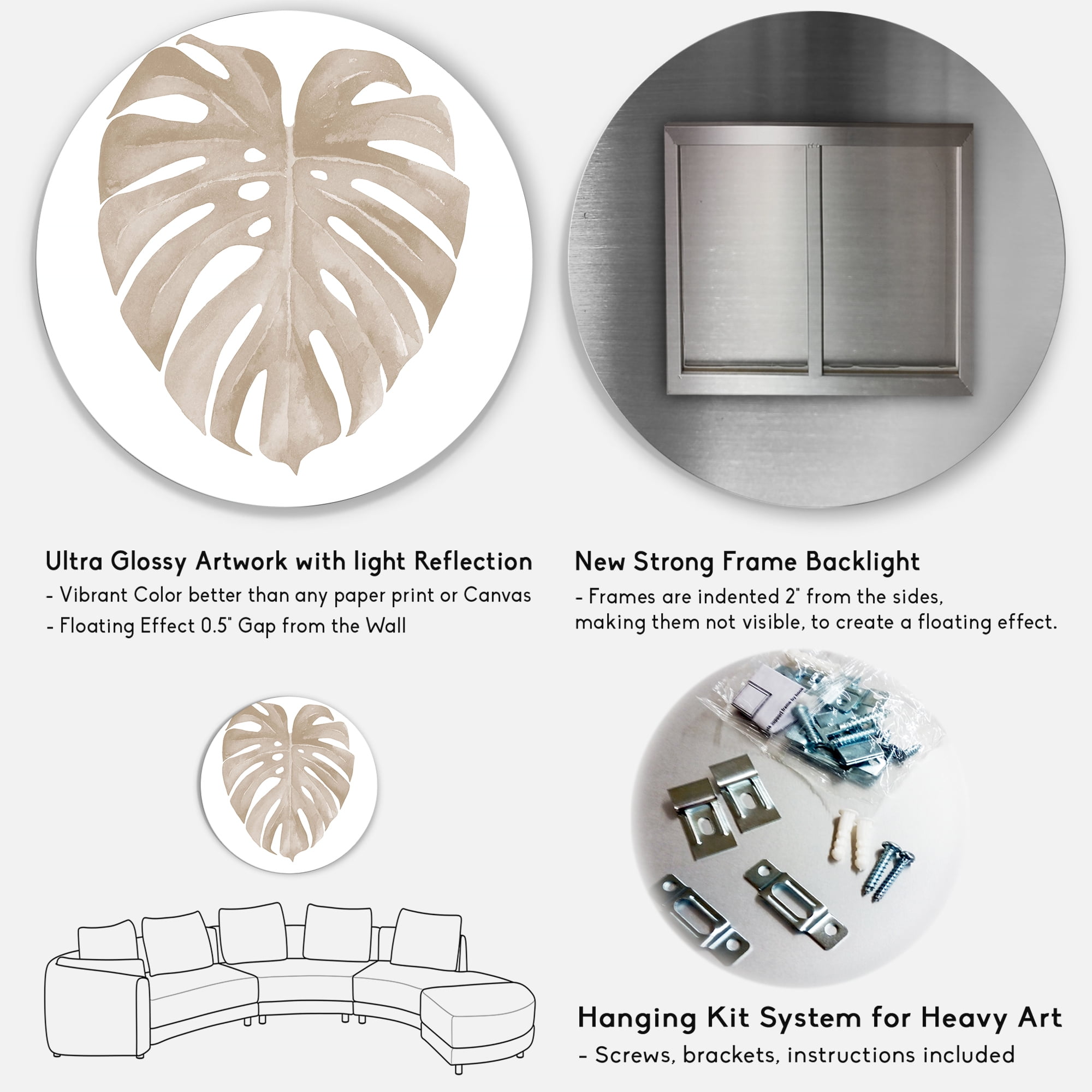 Designart 'Beige Ivory Pastel Monstera Heart Shaped Tropical Leaf' Traditional Circle Metal Wall Art 23x23 - Disc of 23