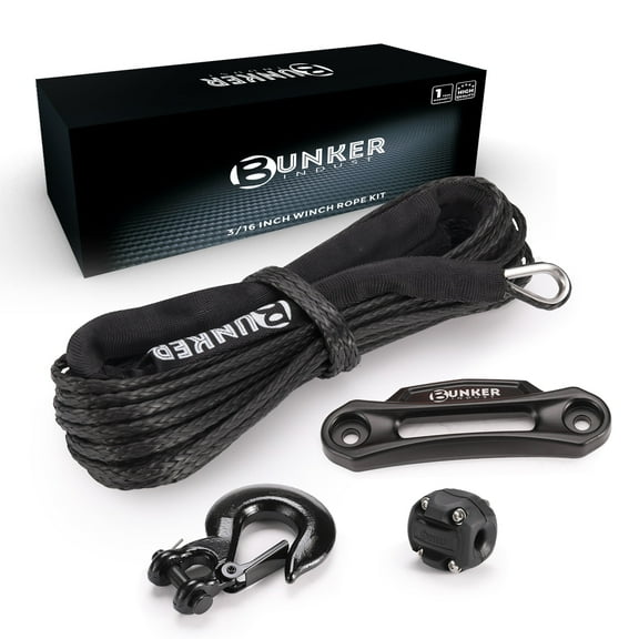 BUNKER INDUST Synthetic Winch Rope Kit,3/16" x 50' 8200 LBS Winch Line Cable Replacement with Protective Sleeve Winch Fairlead  Stopper Hook for 4WD Off Road Vehicle ATV UTV SUV(Black)