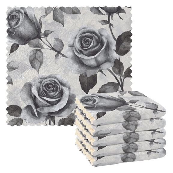 6 Pieces of Kitchen Towels 11x11Inch Kitchen Dish Cloths Kitchen Dish Towels Reuseable Cleaning Cloths Gray Roses Seamless