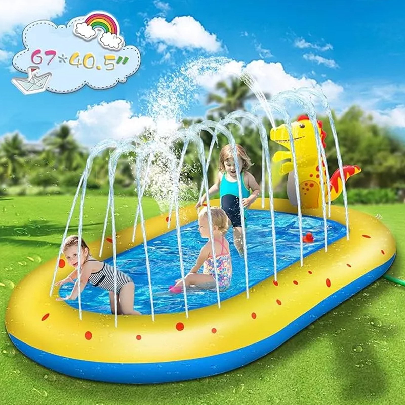 Inflatable Sprinkler Pool , Cute Dinosaur Pool, 3-in-1 Backyard Splash Pad Swimming Outdoor Water