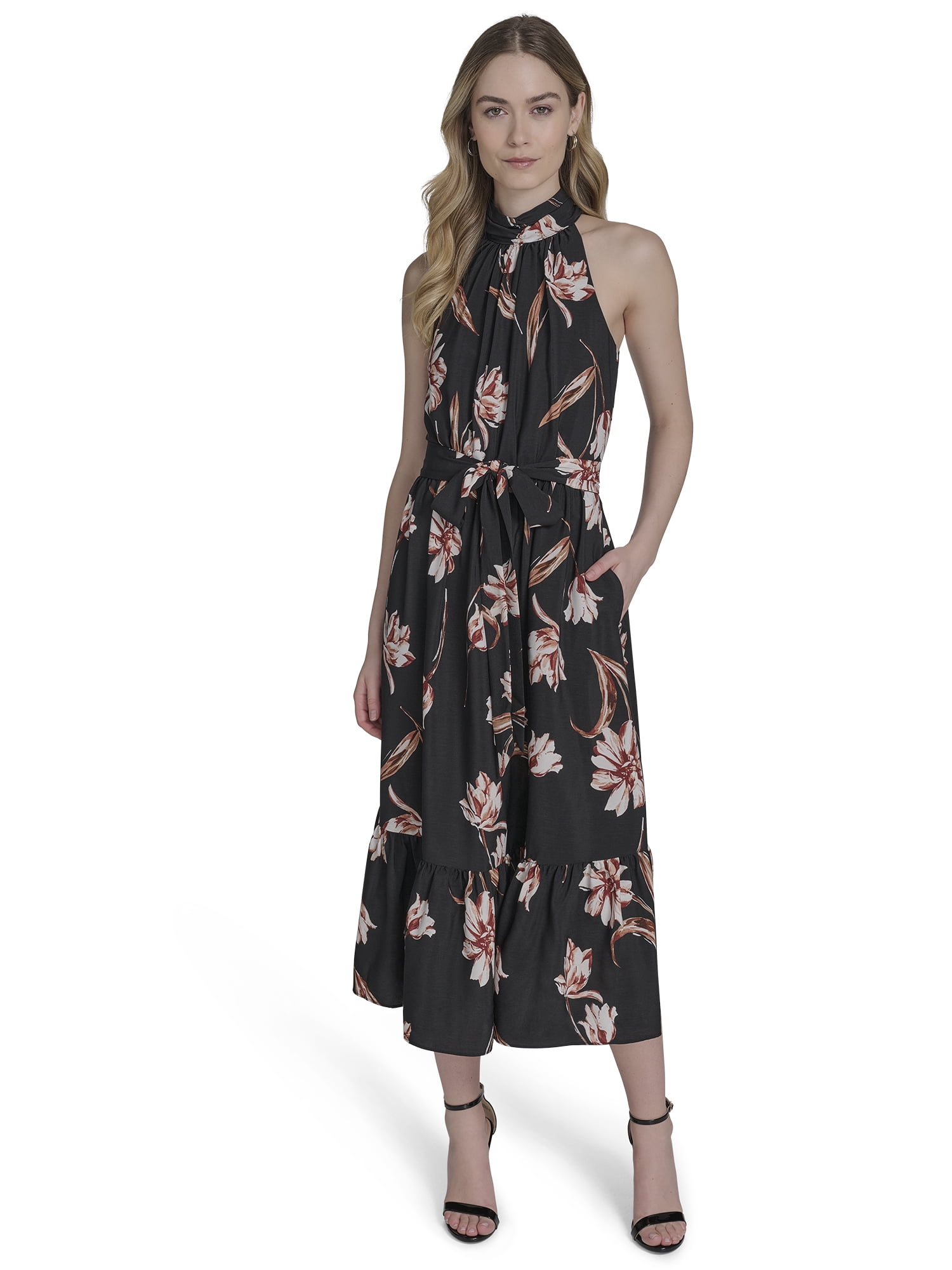 fallen flowers midi dress Falling Flowers Women's Mock Neck Sleeveless Midi Dress, Sizes XS-XL