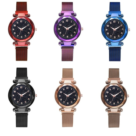 VONKY Montre pour Femmes à Motif Ciel Étoilé Lumineux Filles Boîtier en Alliage Boucle Magnétique Bracelet en Maille Cadran Rond Montre-Bracelet Noire