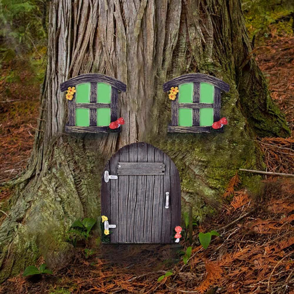 Wall and Trees Outdoor Fairy Door and Window for Trees Glow in The Dark Miniature Fairy Garden Outdoor Decor Accessories Yard Decoration for Kids Room 