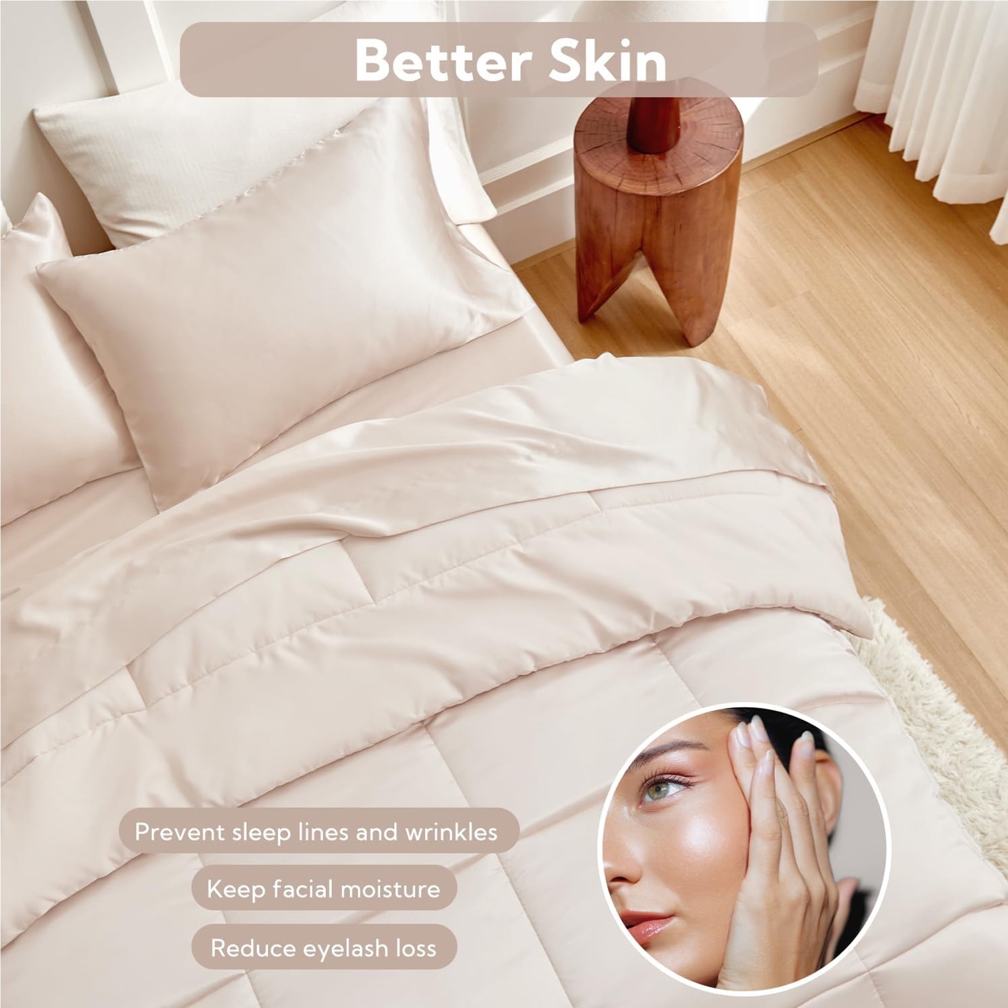 MR&HM Reversible Satin Microfiber Comforter 3 Pieces Full Size, Beige Full Comforter Set for All Seasons, Silky Soft Satin Comforter for Hair and Skin, with Satin Pillowcases Set of 2